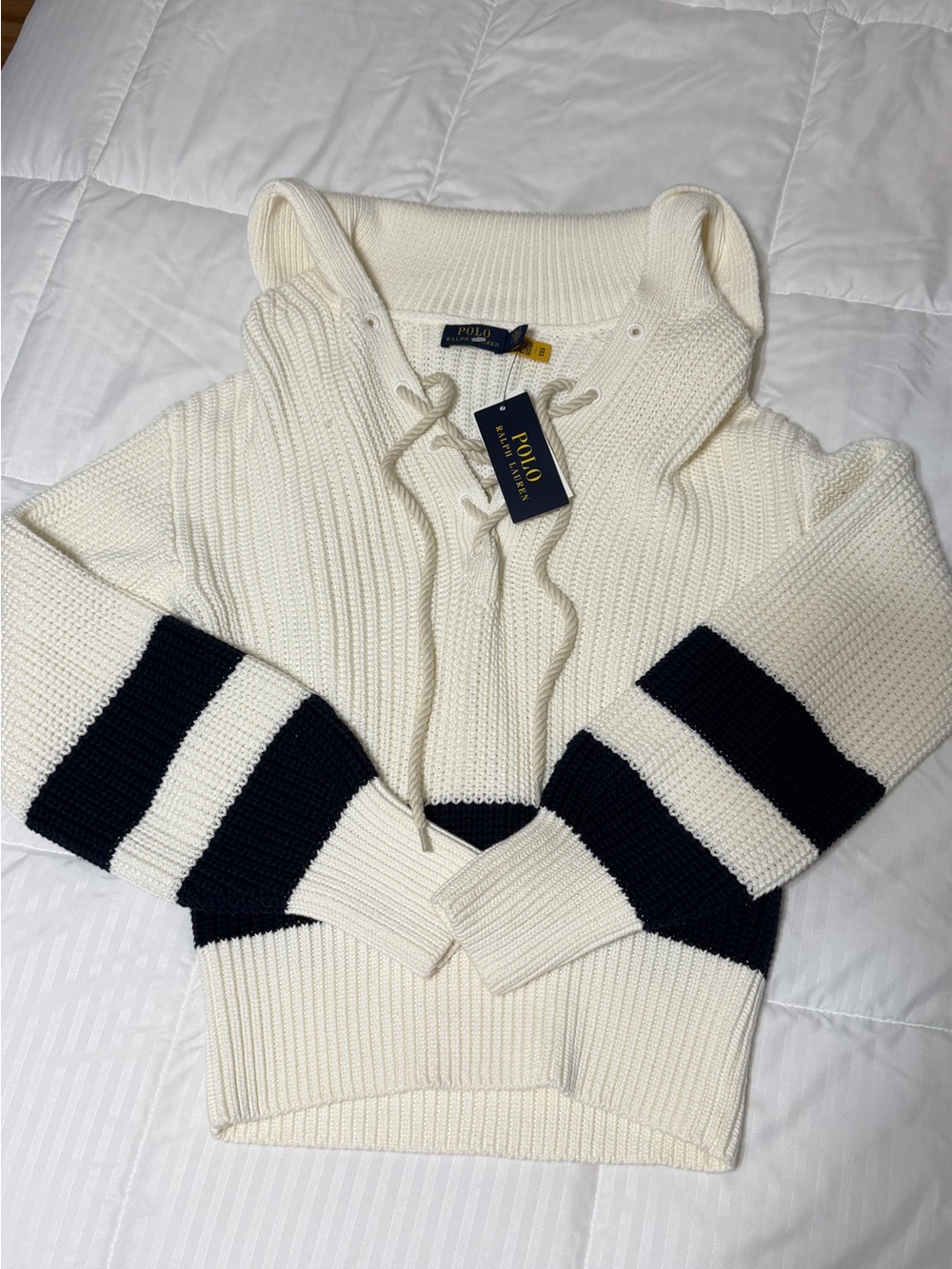 Women’s Ralph Lauren Cream Hooded Knit Sweater with Navy Stripes